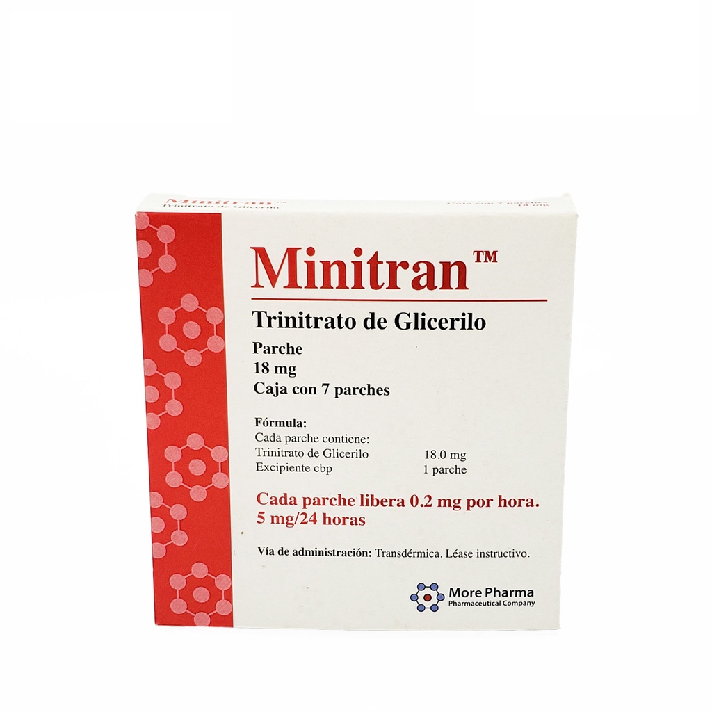MINITRAN 18 MG C/7 PARCHES LIBERACION 0.2 MG/H 5 MG/ 24 H TRINITRATO DE GLICERILO LAB MORE PHARMA