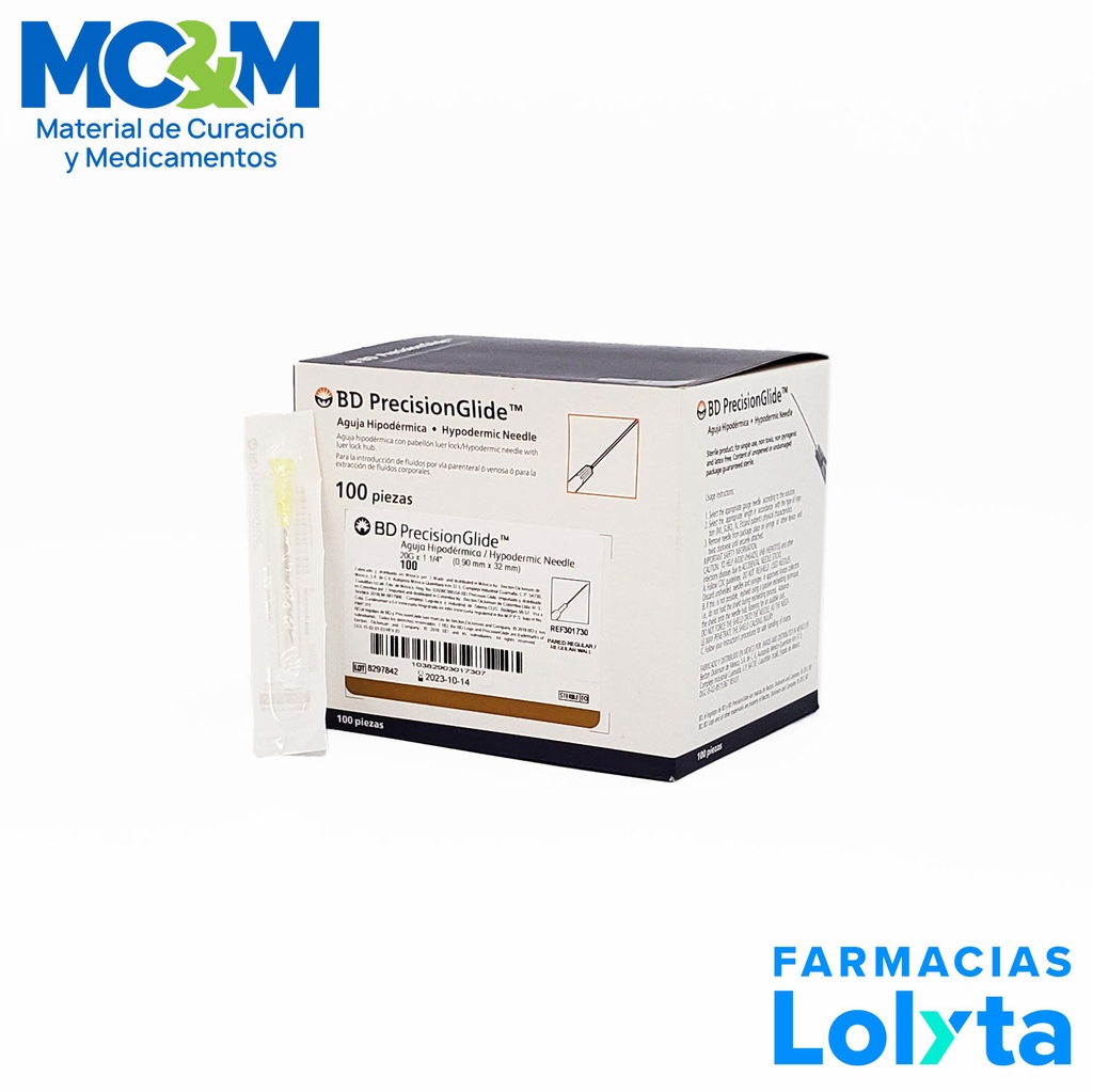 AGUJA HIPODERMICA 20G X 32 MM C/100 AMARILLA REF 301730 BD