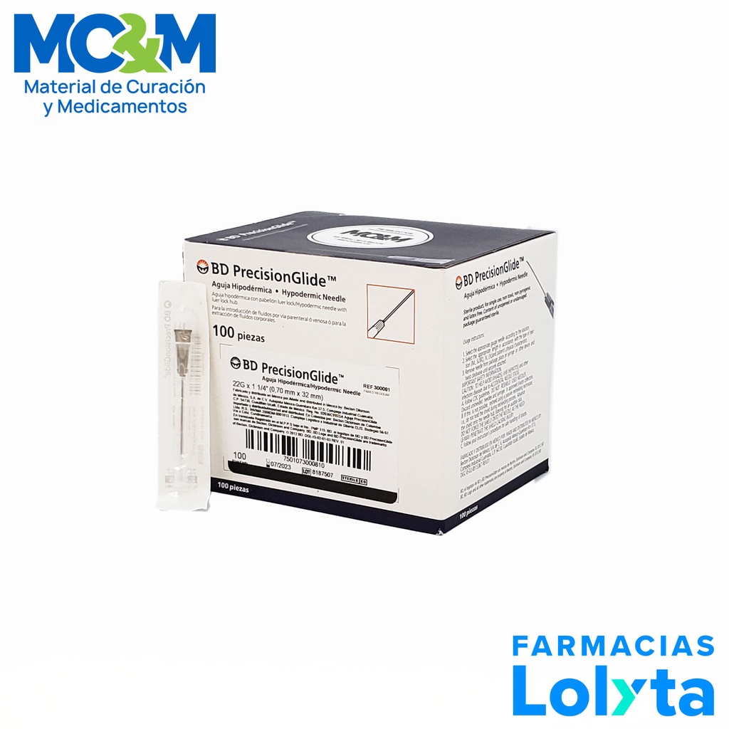AGUJA HIPODERMICA 22G X 32 MM C/100 NEGRA REF 300081 BD