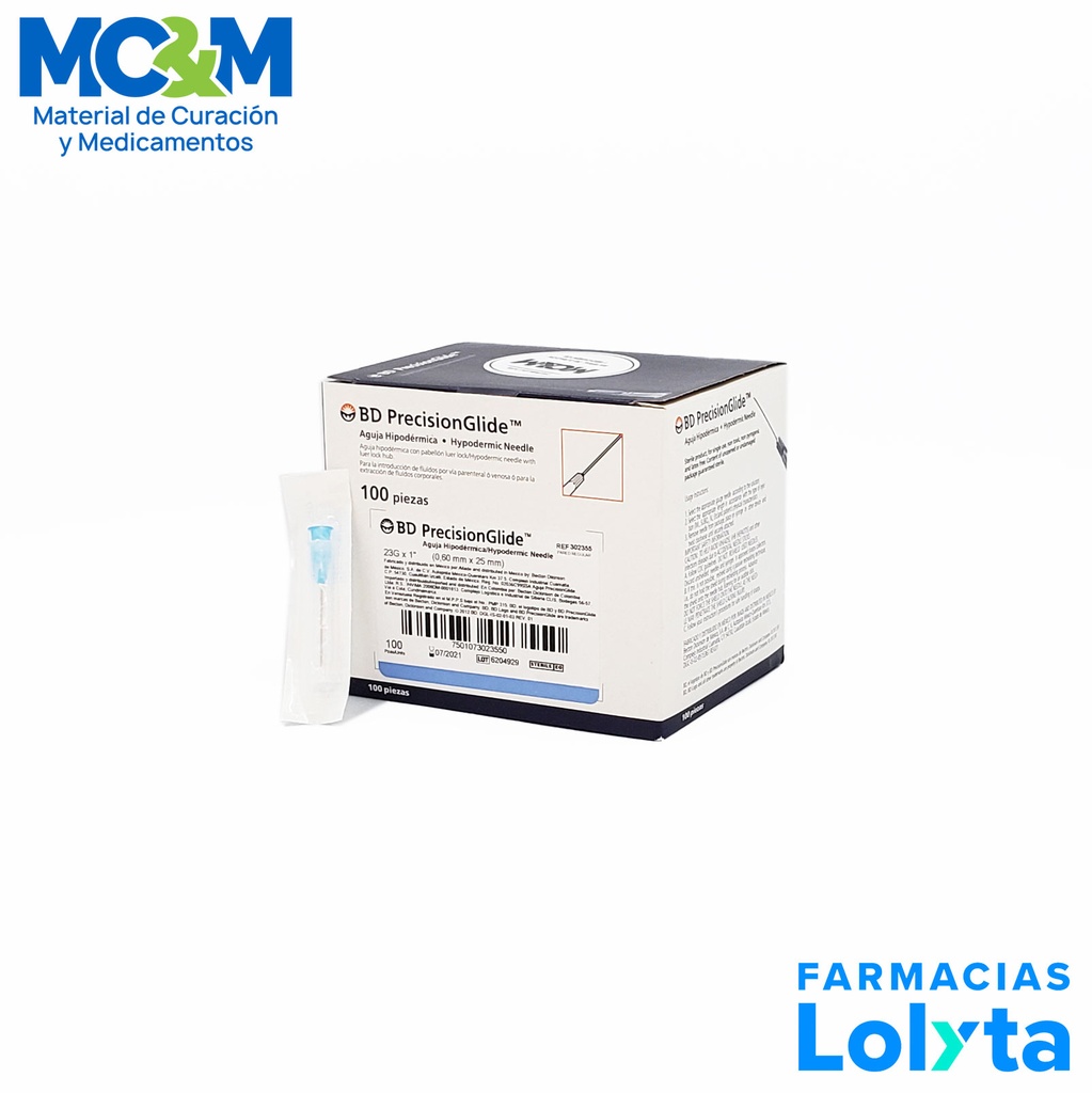 AGUJA HIPODERMICA 23G X 25 MM C/100 AZUL REF 300388 BD