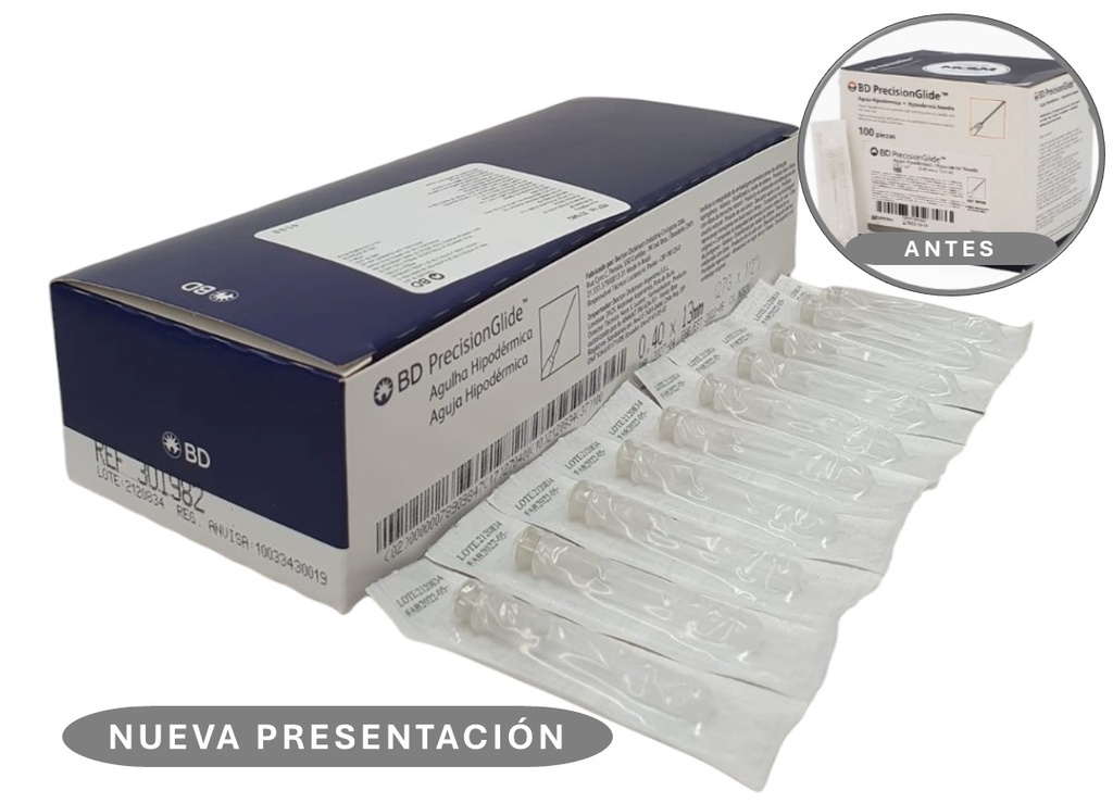 AGUJA HIPODERMICA 27G X 13 MM C/100 GRIS REF 301982 BD