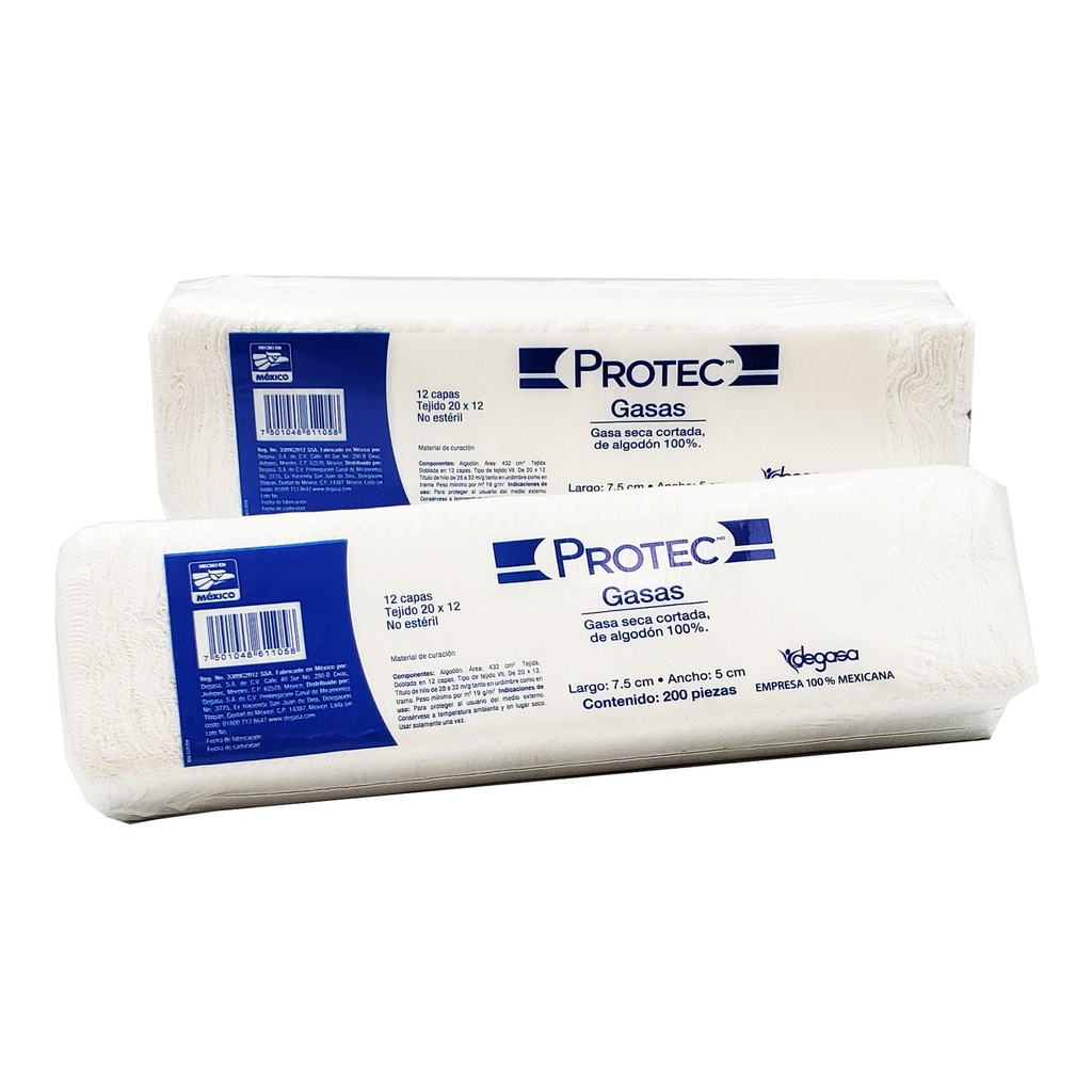 GASA SIN MEDIO 7.5 X 5 CM C/200 PZAS TEJIDO 20X12 NO ESTERIL PROTEC DEGASA 0104000
