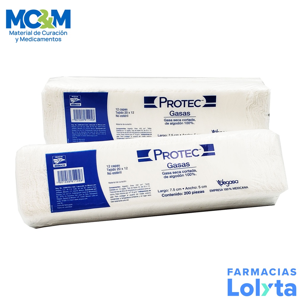 GASA SIN MEDIO 7.5 X 5 CM C/200 PZAS TEJIDO 20X12 NO ESTERIL PROTEC DEGASA 0104000