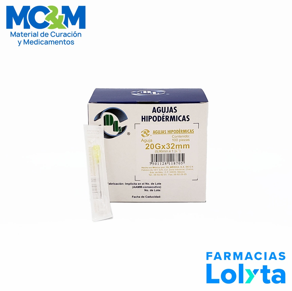AGUJA HIPODERMICA 20G X 32 MM C/100 AMARILLA DENTILAB