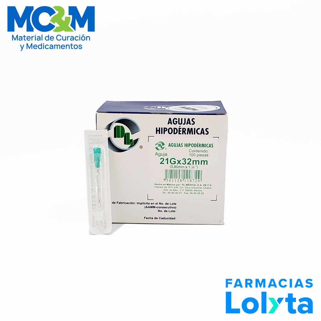 AGUJA HIPODERMICA 21G X 32 MM C/100 VERDE DENTILAB