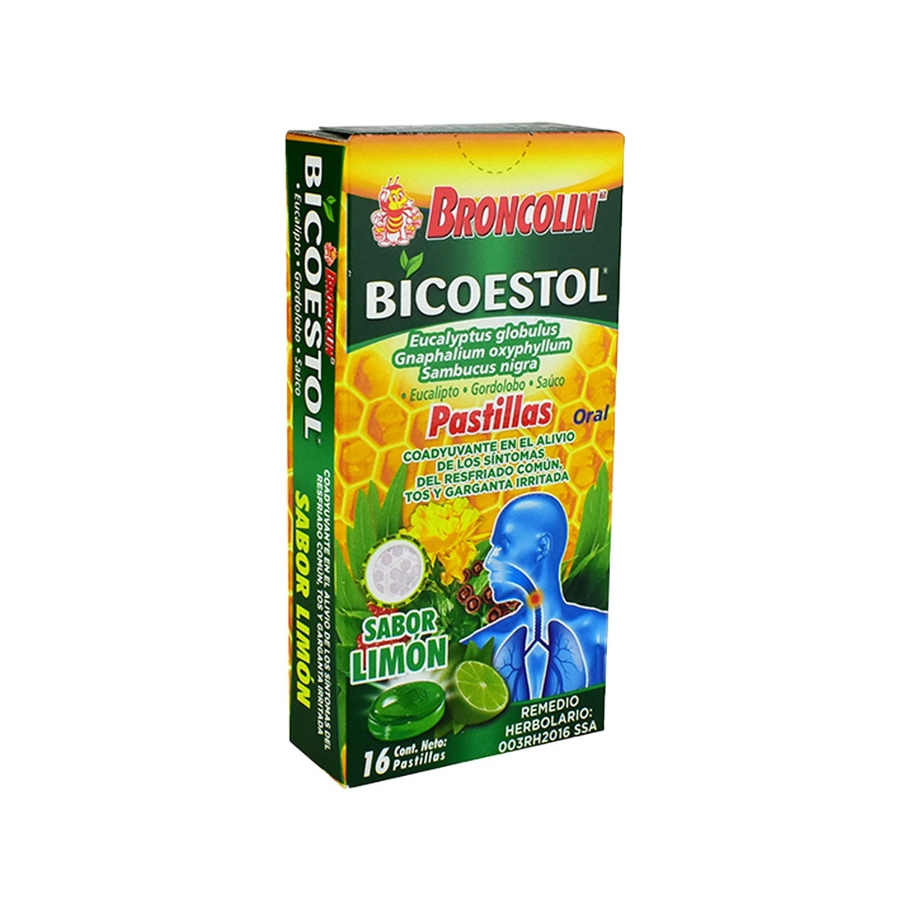 [2956] BICOESTOL SABOR LIMON 0.0178/0.0145/0.0105 ML C/16 PASTILLAS EUCALIPTO GORDOLOBO SAUCO LAB BRONCOLIN