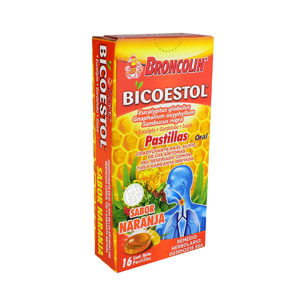 BICOESTOL SABOR NARANJA 0.0178/0.0145/0.0105 ML C/16 PASTILLAS EUCALIPTO GORDOLOBO SAUCO LAB BRONCOLIN