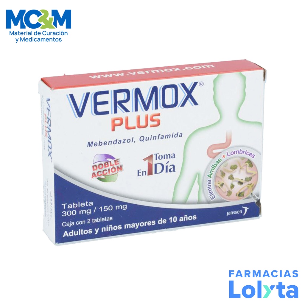 VERMOX PLUS 300/150 MG C/2 TAB MEBENDAZOL QUINFAMIDA LAB JANSSEN-CILAG