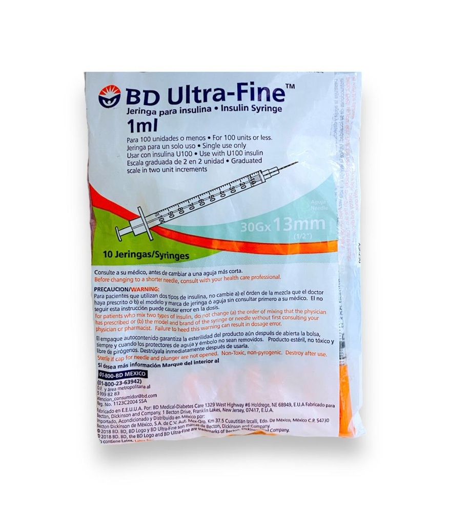 JERINGA PARA INSULINA 1 ML 30GX13MM C/10 PZAS ULTRA FINE BD
