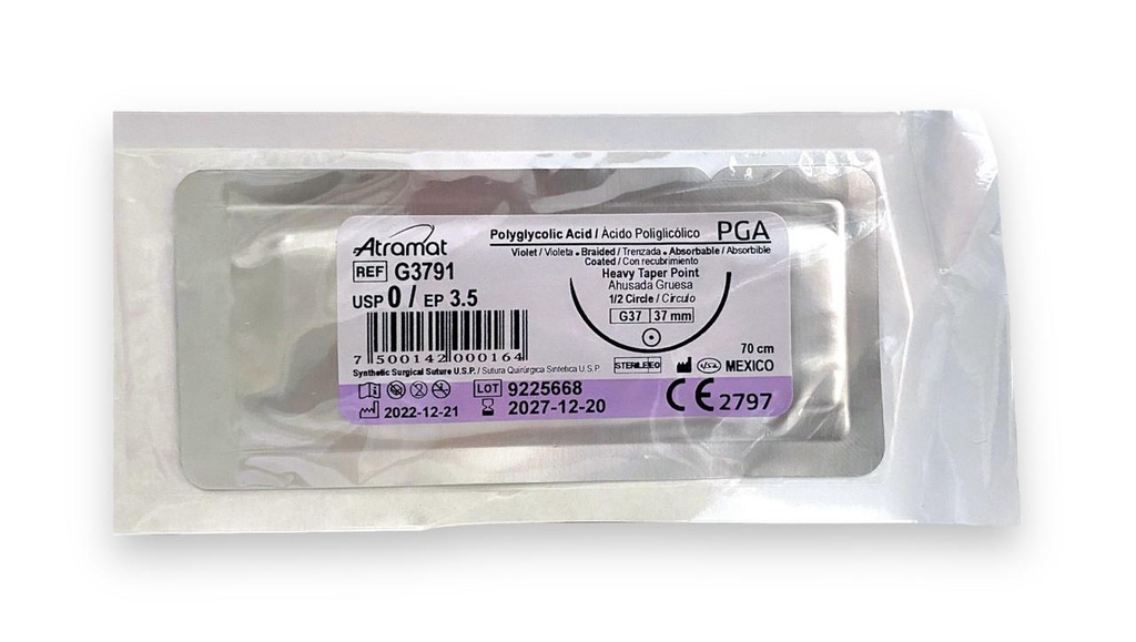 SUTURA ACIDO POLIGLICOLICO 0 37 MM 70 CM 1/2 AHUSADA GRUESA REDONDA PIEZA G3791 ATRAMAT PGA