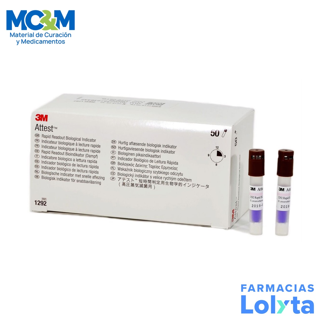 ATTEST AGENTE DE DIAGNOSTICO TESTIGO BIOLOGICO DE LECTURA RAPIDA P/ESTERILIZACION CON VAPOR C/50 PZ REF 1292 3M