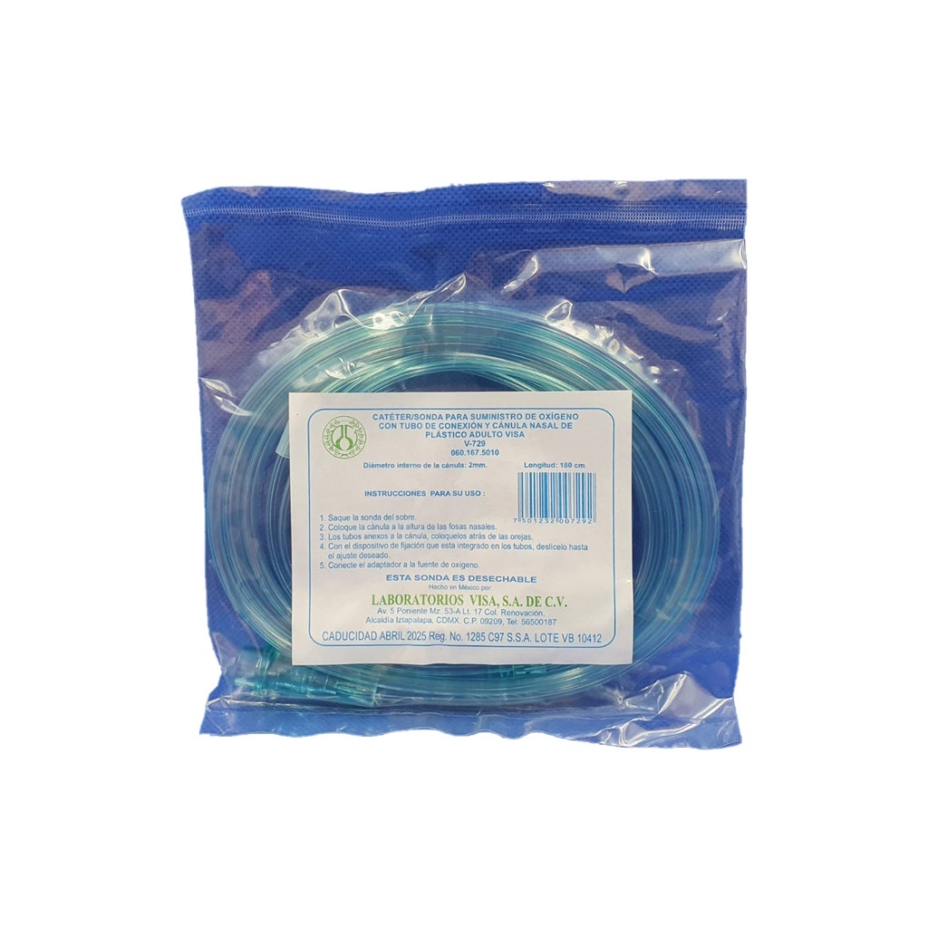 PUNTA NASAL SUMINISTRO DE OXIGENO ADULTO CON TUBO DE CONEXION 180 CM V-729 VISA