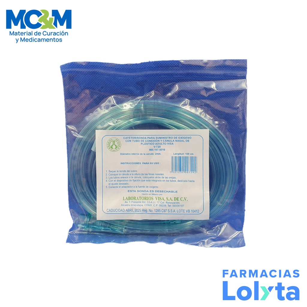 PUNTA NASAL SUMINISTRO DE OXIGENO ADULTO CON TUBO DE CONEXION 180 CM V-729 VISA