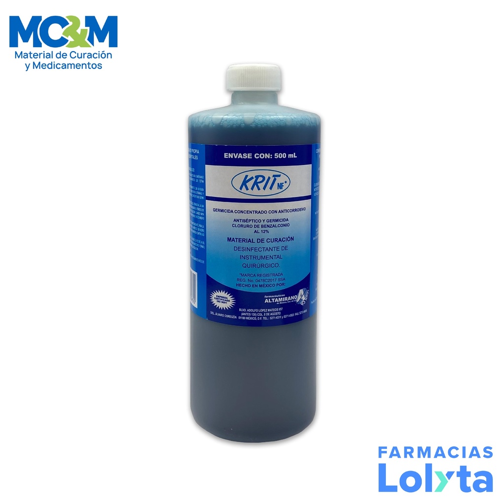 KRIT 500 ML CLORURO DE BENZALCONIO AL 12% DESINFECTANTE DE INSTRUMENTAL QUIRURGICO ALTAMIRANO