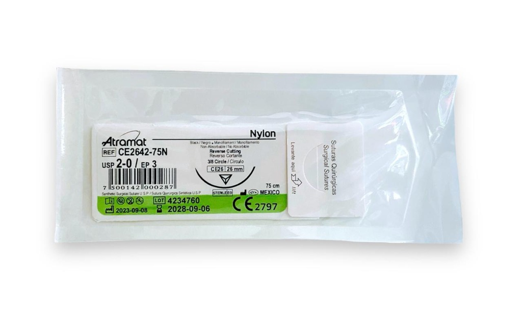 SUTURA NYLON 2/0 26 MM 75 CM 3/8 REVERSO CORTANTE PIEZA CE2642-75N ATRAMAT