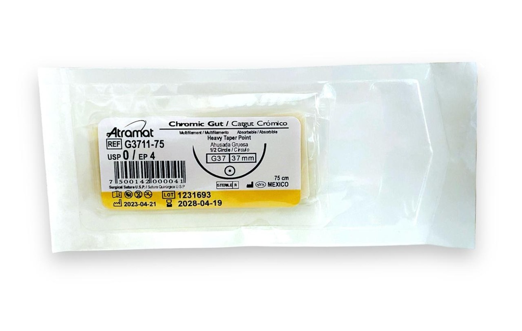 SUTURA CATGUT CROMICO 0 37 MM 75 CM 1/2 AHUSADA GRUESA REDONDA PIEZA G3711-75 ATRAMAT