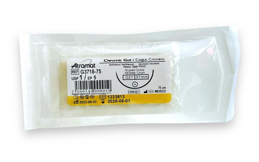 [3241] SUTURA CATGUT CROMICO 1 37 MM 75 CM 1/2 AHUSADA GRUESA REDONDA PIEZA G3718-75 ATRAMAT