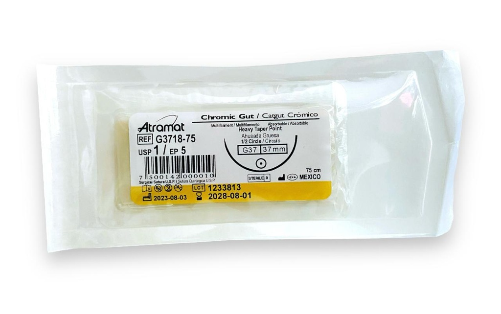 SUTURA CATGUT CROMICO 1 37 MM 75 CM 1/2 AHUSADA GRUESA REDONDA PIEZA G3718-75 ATRAMAT