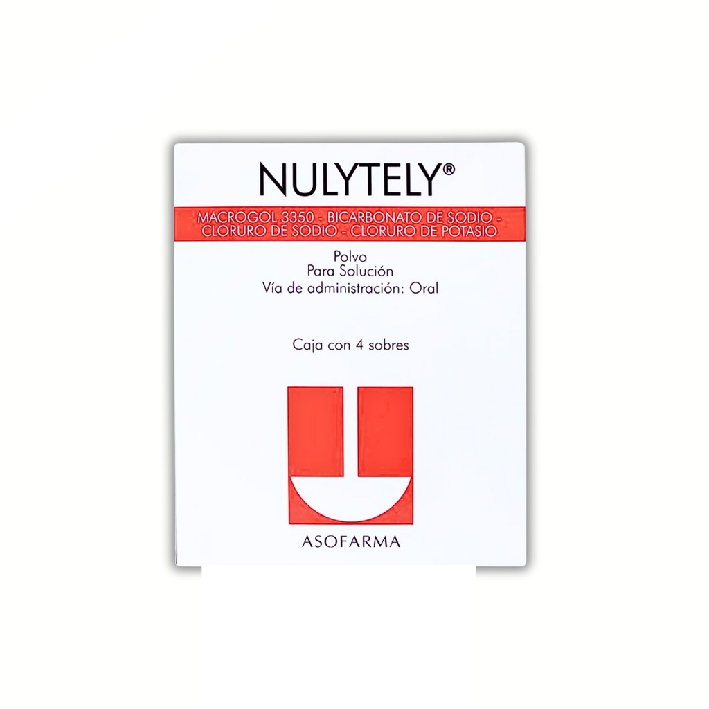 NULYTELY 105/1.43/2.80/0.37 G C/4 SOBRES POLVO P/ SOL ORAL MACROGOL 3350 BICARBONATO DE SODIO CLORURO DE SODIO CLORURO DE POTASIO LAB ASOFARMA
