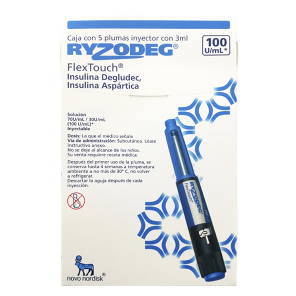 RYZODEG SOL INY 100 U/ML (70/30 U/ML) C/5 PLUMA PRECARGADA 3 ML INSULINA DEGLUDEC INSULINA ASPARTICA LAB NOVO NORDISK (RF)