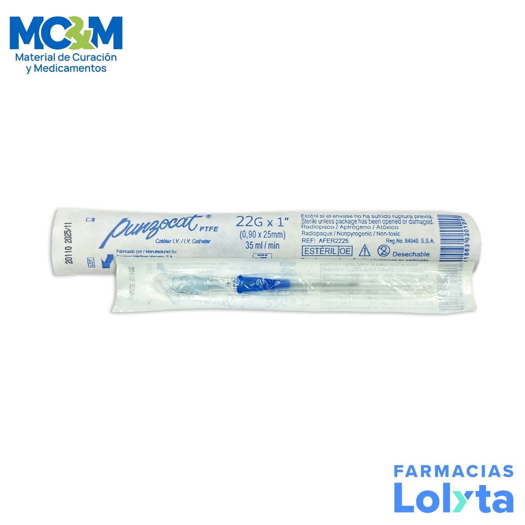 CATETER PUNZOCAT AZUL #22GX1" (25 MM) C/1 PIEZA RADIOPACO VIZCARRA REF AFER2225