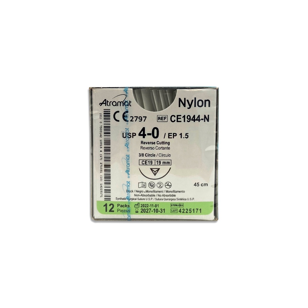 [3330] SUTURA NYLON 4/0 19 MM 45 CM 3/8 REVERSO CORTANTE PIEZA CE1944-N ATRAMAT