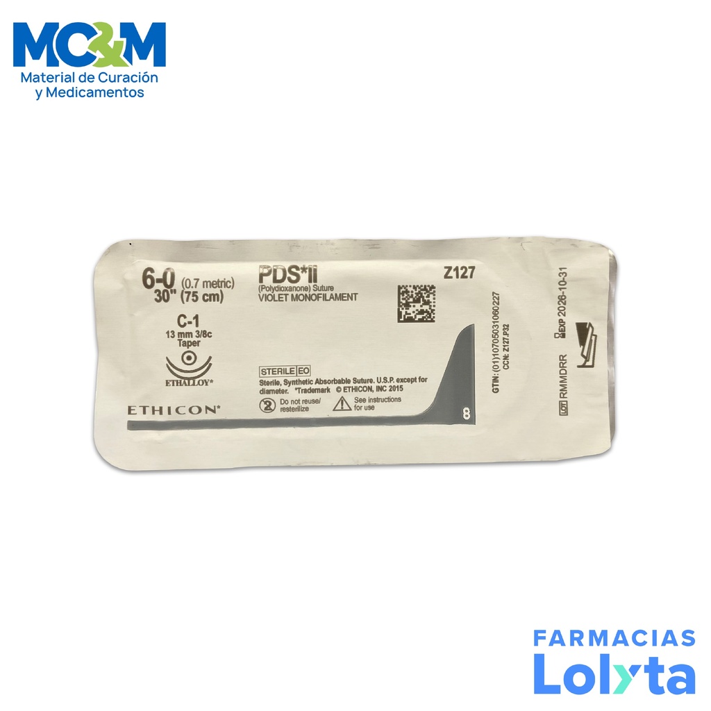 SUTURA PDS*II 6/0 13 MM 75 CM C-1 AHUSADA REDONDA DOBLE ARMADA POLIDIOXANONA C/12 Z127 ETHICON
