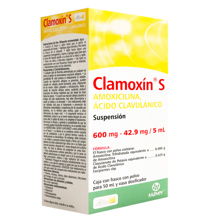 AMOXICILINA ACIDO CLAVULANICO SUSPENSION 600/42.9 MG/5 ML C/50 ML CLAMOXIN S LAB MAVER