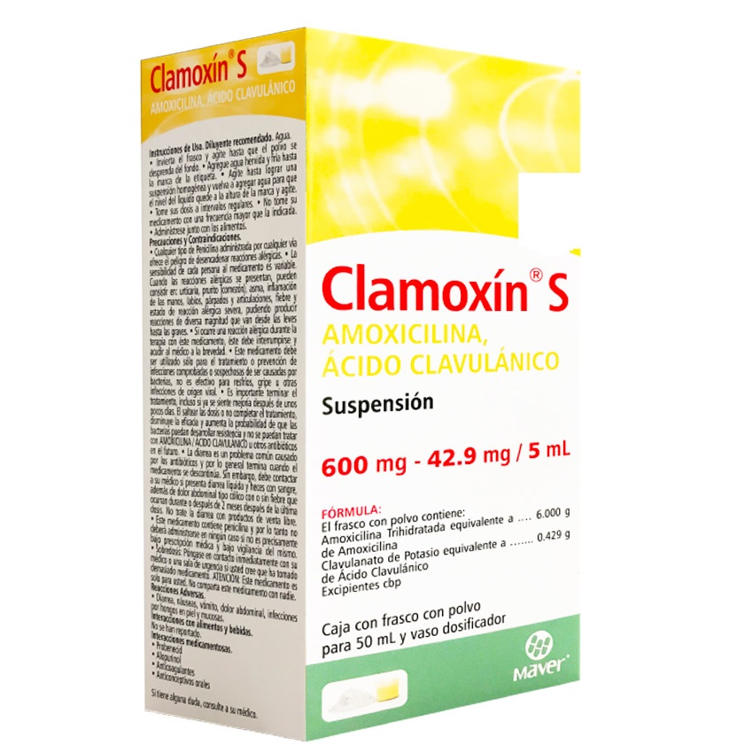 [3355] AMOXICILINA ACIDO CLAVULANICO SUSPENSION 600/42.9 MG/5 ML C/50 ML CLAMOXIN S LAB MAVER