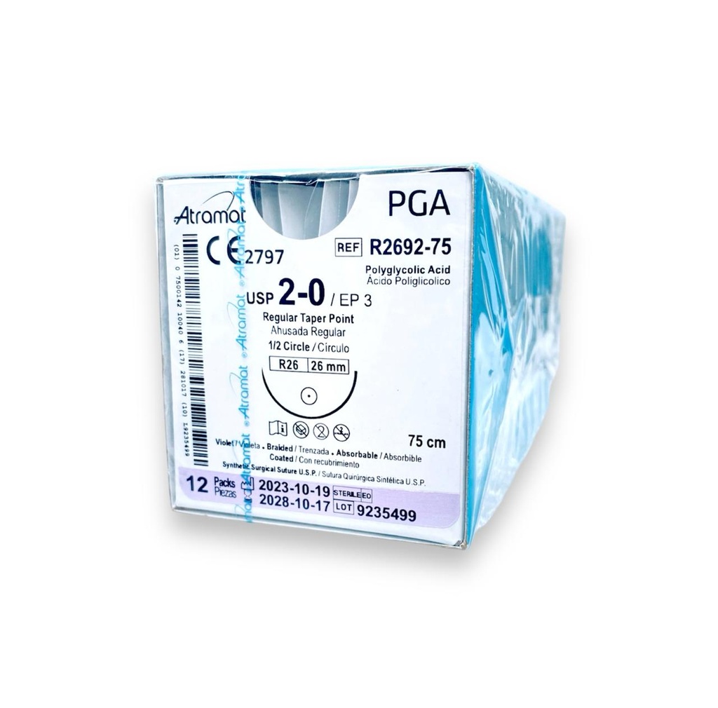 [3363] SUTURA ACIDO POLIGLICOLICO 2/0 26 MM 75 CM 1/2 AHUSADA REGULAR REDONDA PIEZA R2692-75 ATRAMAT PGA