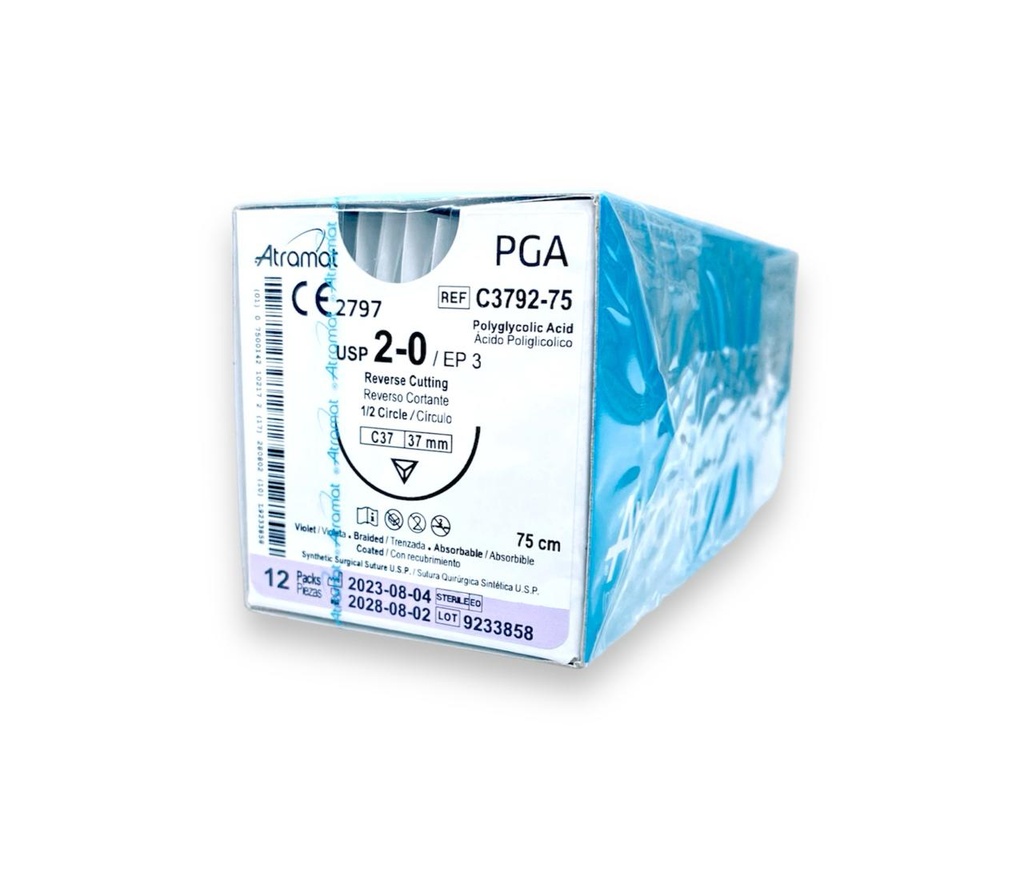 [3364] SUTURA ACIDO POLIGLICOLICO 2/0 37 MM 75 CM 1/2 REVERSO CORTANTE PIEZA C3792-75 ATRAMAT PGA