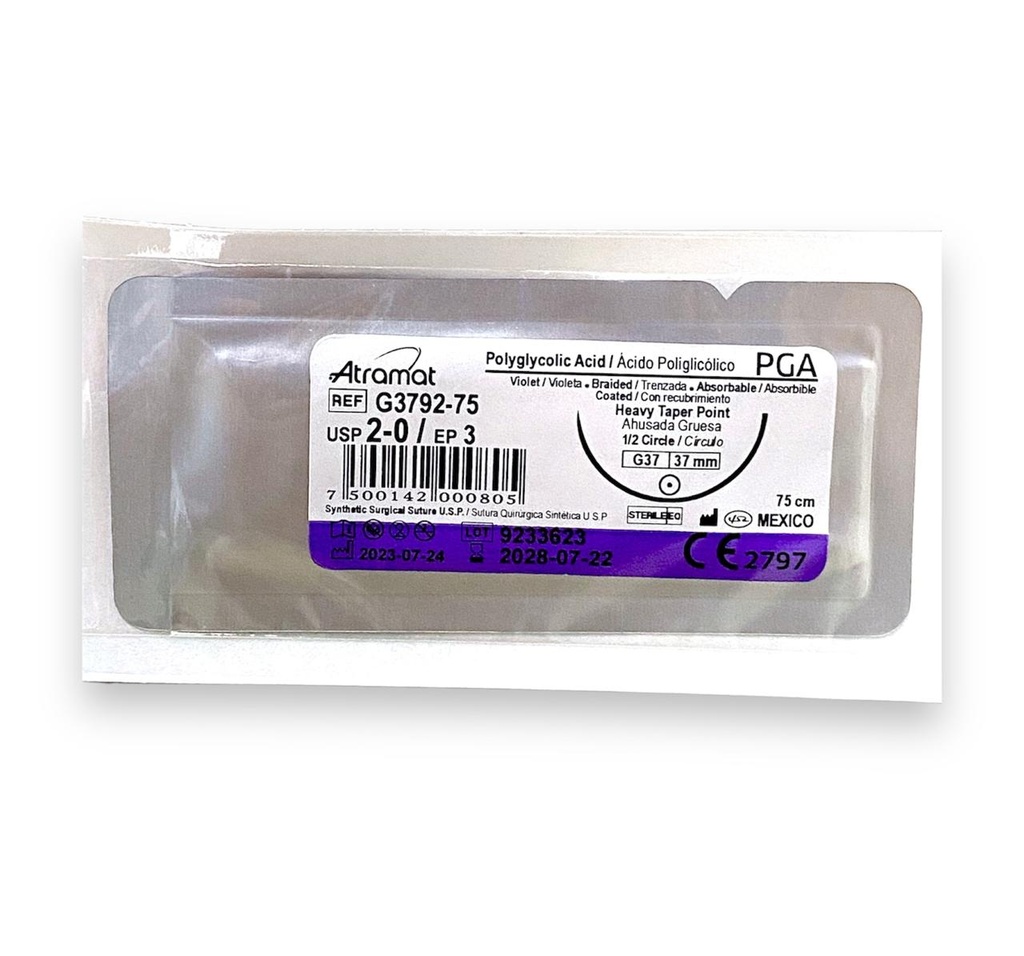 SUTURA ACIDO POLIGLICOLICO 2/0 37 MM 75 CM 1/2 AHUSADA GRUESA REDONDA PIEZA G3792-75 ATRAMAT PGA