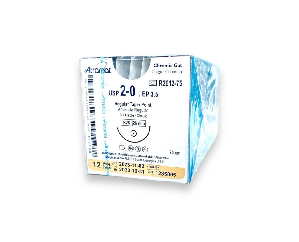 SUTURA CATGUT CROMICO 2/0 26 MM 75 CM 1/2 AHUSADA REGULAR REDONDA PIEZA R2612-75 ATRAMAT