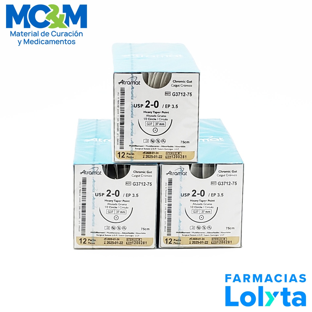[3446] SUTURA CATGUT CROMICO 2/0 37 MM 75 CM 1/2 AHUSADA GRUESA REDONDA PIEZA G3712-75 ATRAMAT
