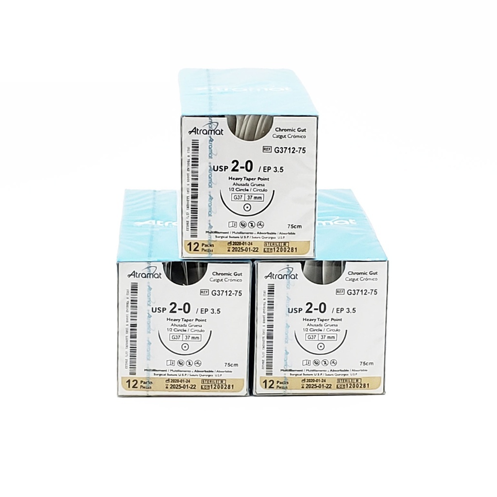 [3446] SUTURA CATGUT CROMICO 2/0 37 MM 75 CM 1/2 AHUSADA GRUESA REDONDA PIEZA G3712-75 ATRAMAT