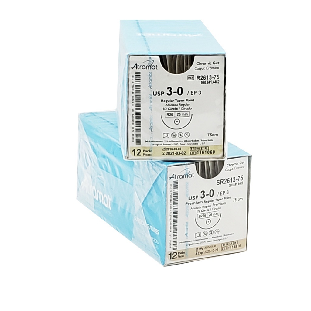 [3447] SUTURA CATGUT CROMICO 3/0 26 MM 75 CM 1/2 AHUSADA REGULAR REDONDA PIEZA R2613-75 ATRAMAT