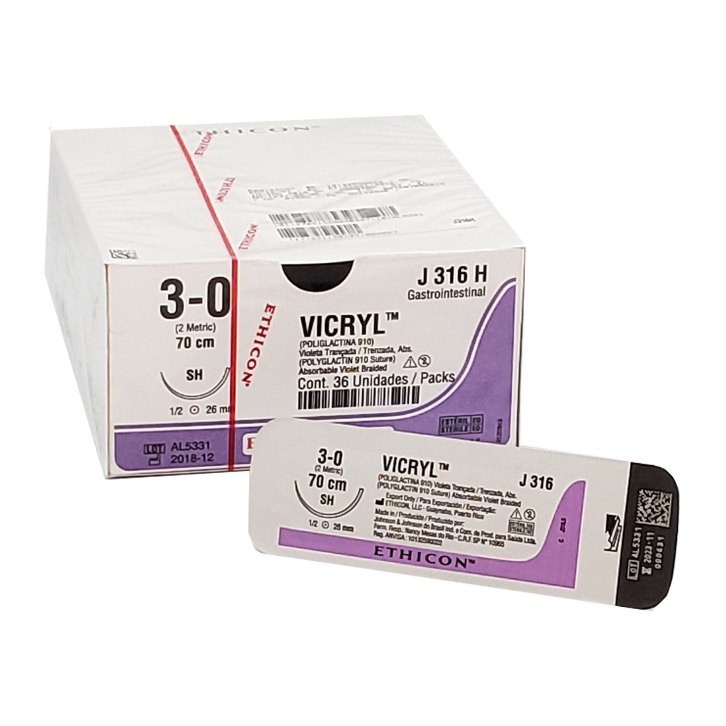 [3564] SUTURA VICRYL 3/0 26 MM 70 CM SH AHUSADA REDONDA POLIGLACTINA 910 PIEZA J316H ETHICON GASTROINTESTINAL