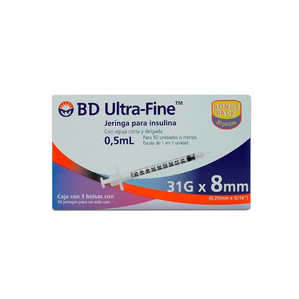 JERINGA PARA INSULINA 0.5 ML 31GX8MM C/30 PZAS ULTRA FINE PLASTIPAK BD