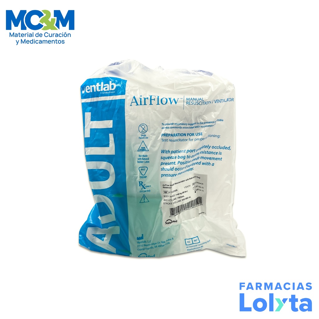 AMBU ADULTO RESUCITADOR DESECHABLE CON MASCARILLA REF AF1000MB VENTLAB (SUNMED)