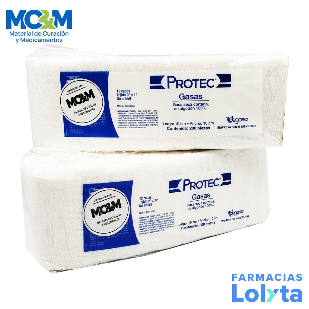 GASA SIN MEDIO 10 X 10 CM C/200 PZAS TEJIDO 20X12 NO ESTERIL PROTEC DEGASA 0105000