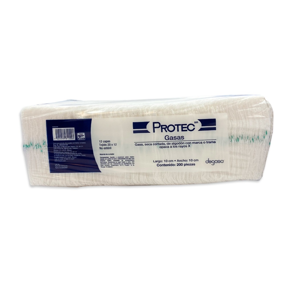 GASA CON MEDIO HR 10 X 10 CM C/200 PZAS TEJIDO 20X12 NO ESTERIL PROTEC DEGASA 0107000
