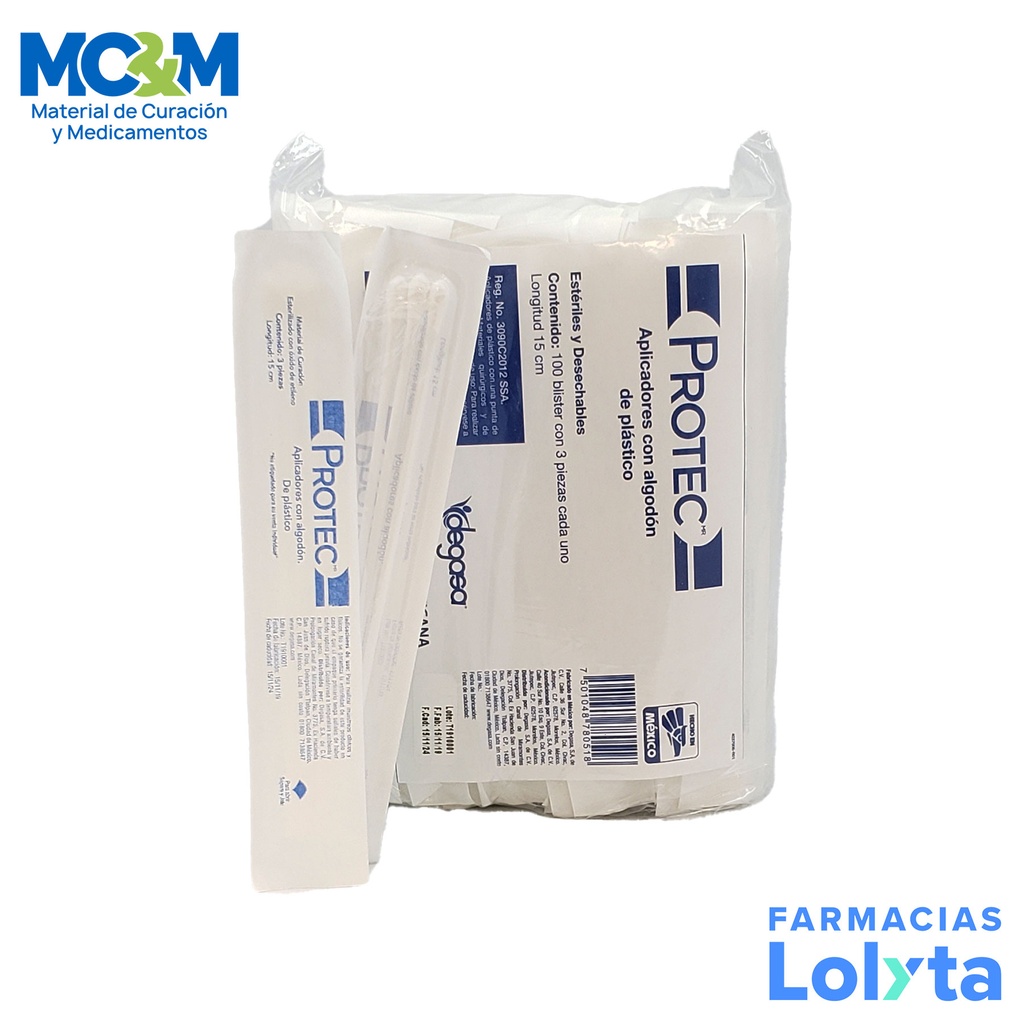 APLICADOR DE ALGODON ESTERIL PARA TOMA DE MUESTRA 15 CM C/100 PACK DE 3 PZAS PROTEC DEGASA 805020