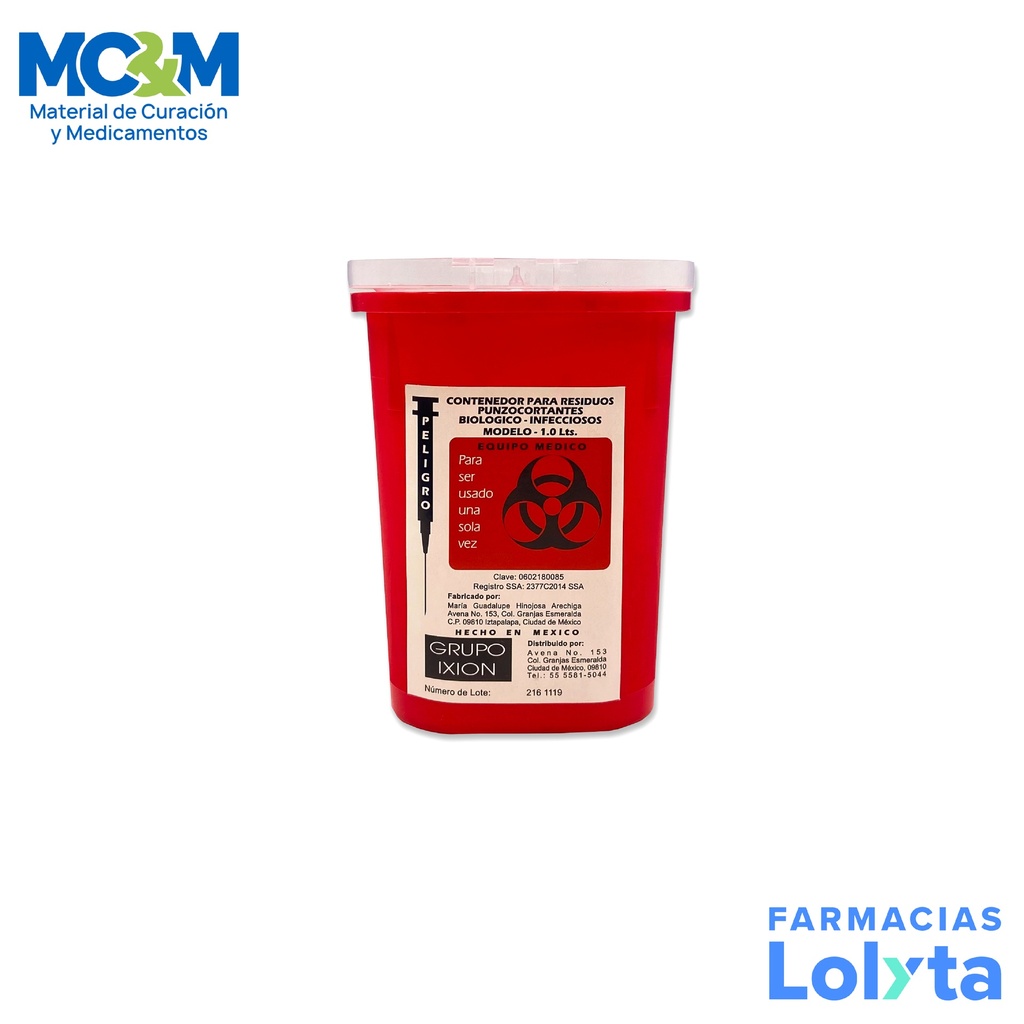 CONTENEDOR DE RESIDUOS PELIGROSOS PUNZOCORTANTES BIOLOGICO-INFECCIOSOS 1 L IXION