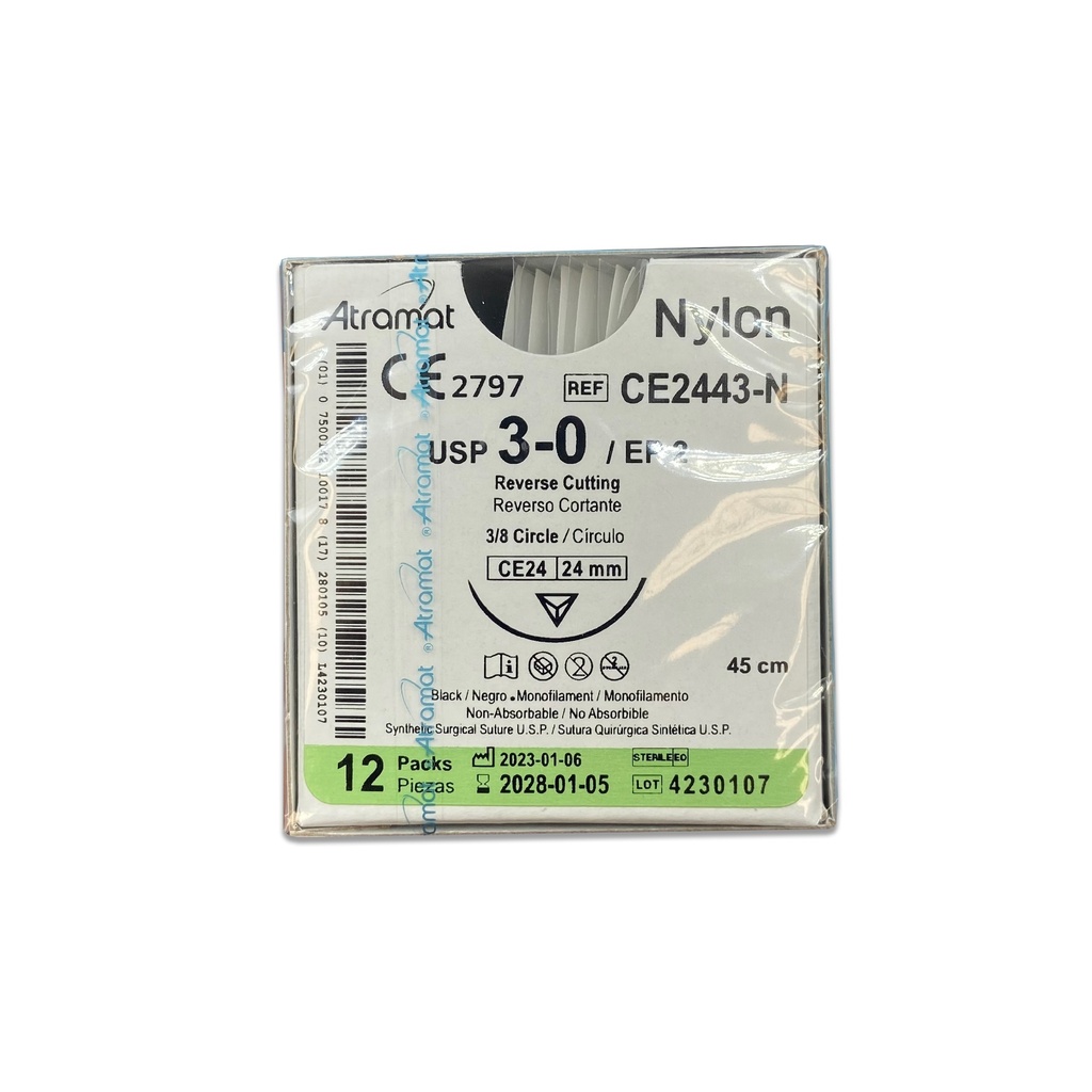 [3729] SUTURA NYLON 3/0 24 MM 45 CM 3/8 REVERSO CORTANTE PIEZA CE2443-N ATRAMAT