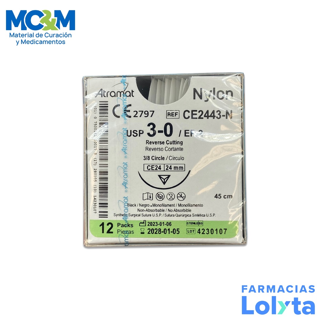SUTURA NYLON 3/0 24 MM 45 CM 3/8 REVERSO CORTANTE PIEZA CE2443-N ATRAMAT