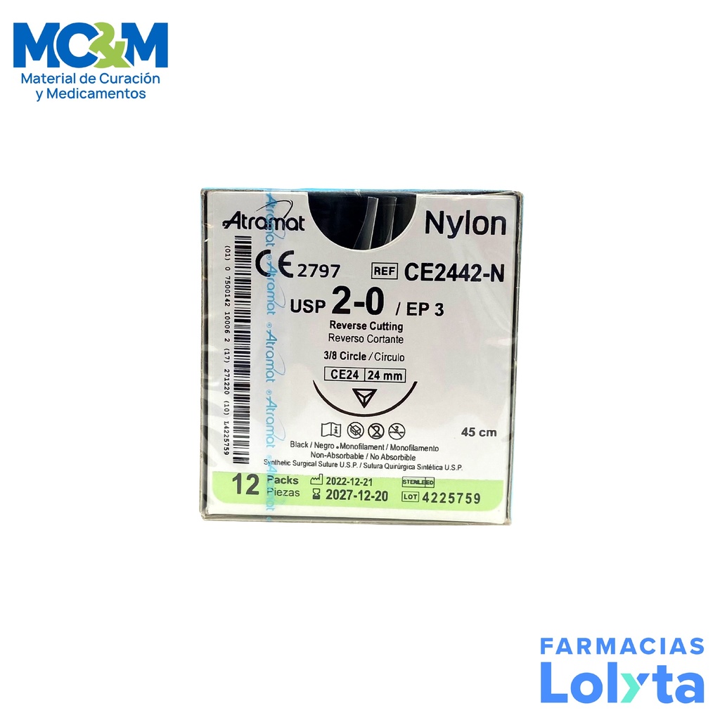 SUTURA NYLON 2/0 24 MM 45 CM 3/8 REVERSO CORTANTE PIEZA CE2442-N ATRAMAT
