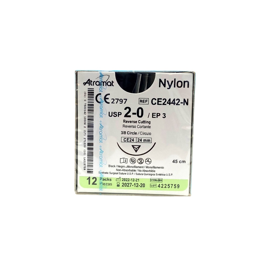 [3733] SUTURA NYLON 2/0 24 MM 45 CM 3/8 REVERSO CORTANTE PIEZA CE2442-N ATRAMAT