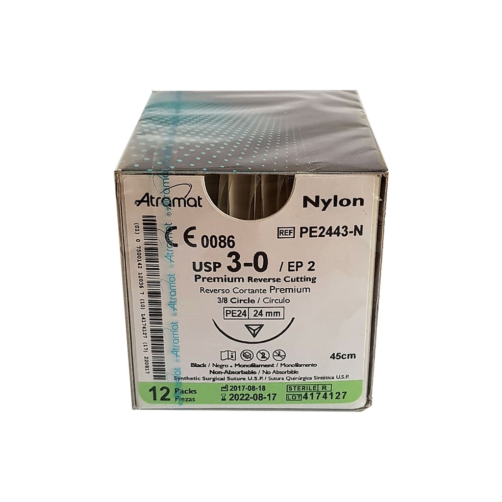 [3735] SUTURA NYLON 3/0 24 MM 45 CM 3/8 REVERSO CORTANTE PREMIUM PIEZA PE2443-N ATRAMAT