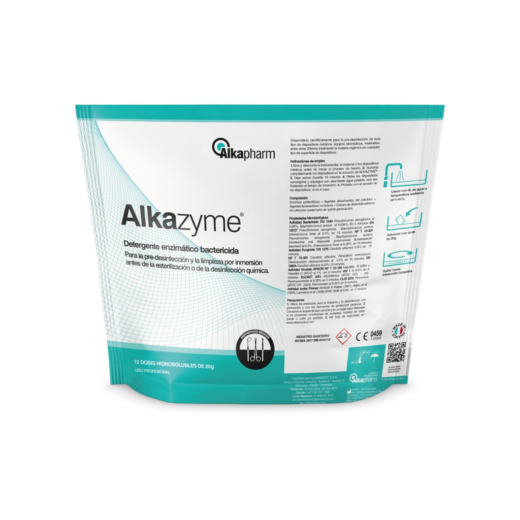 ALKAZYME 20 G C/12 DOSIS DETERGENTE DESINFECTANTE ENZIMATICO ALCALINO ALKAPHARM