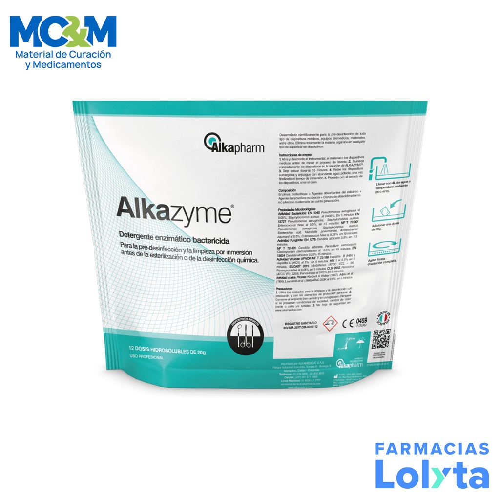 ALKAZYME 20 G C/12 DOSIS DETERGENTE DESINFECTANTE ENZIMATICO ALCALINO ALKAPHARM